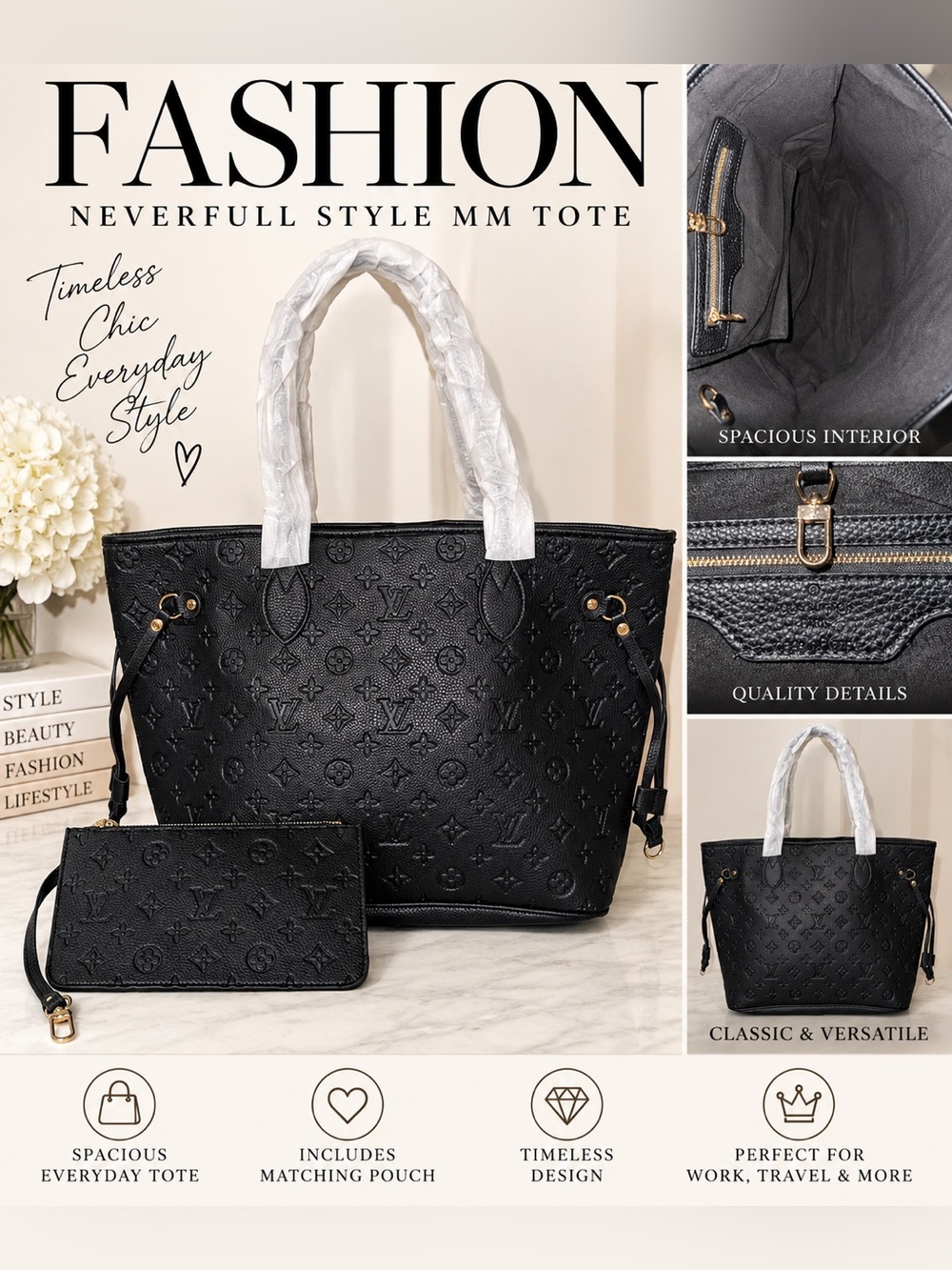 Black Embossed Tote with Matching Pouch - Elegant Everyday Carry